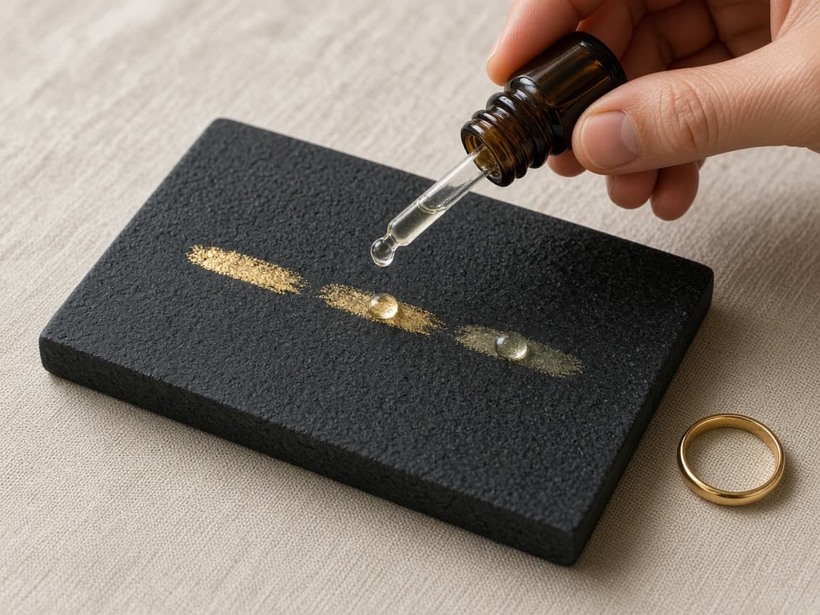 A dropper placing acid on gold streaks rubbed onto a black touchstone