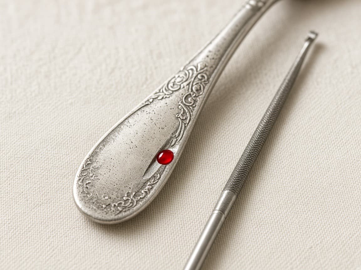 A drop of silver testing acid turned red in a small filed notch on the back of a spoon handle