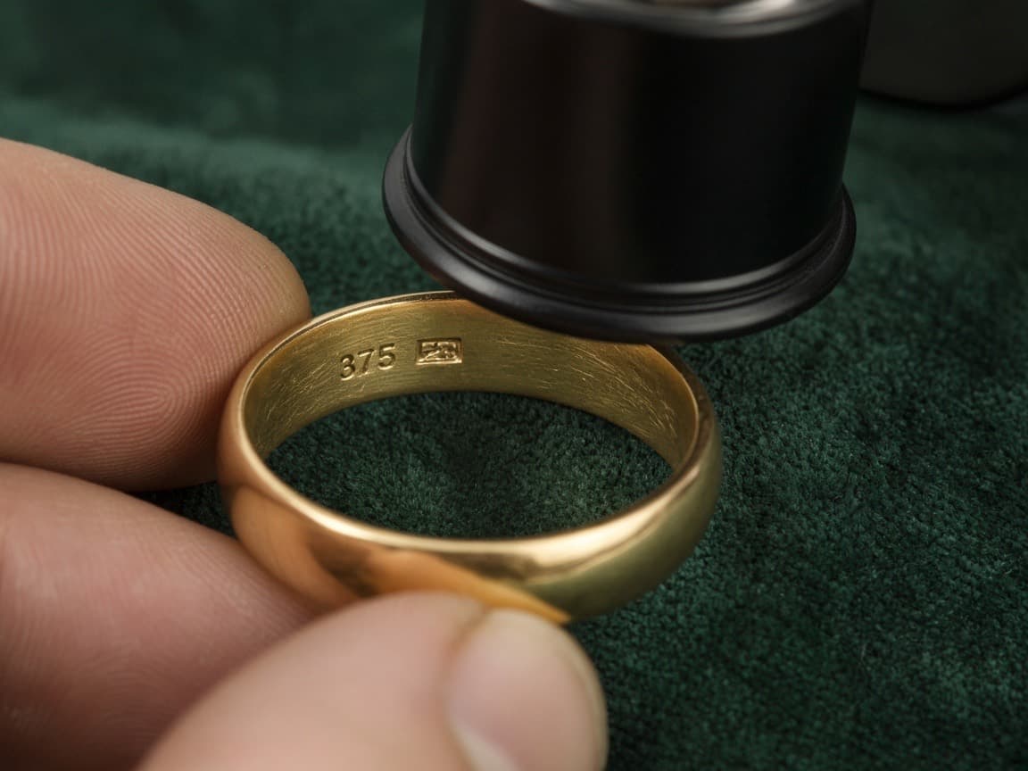 A gold ring held under a jeweller's loupe, with 375 stamped inside the band