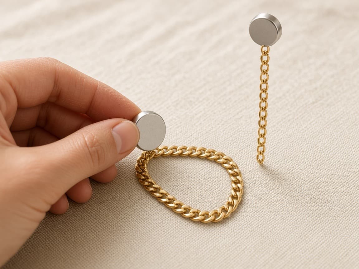 A magnet held against a gold chain lying flat and undisturbed, while a second chain hangs stuck to another magnet